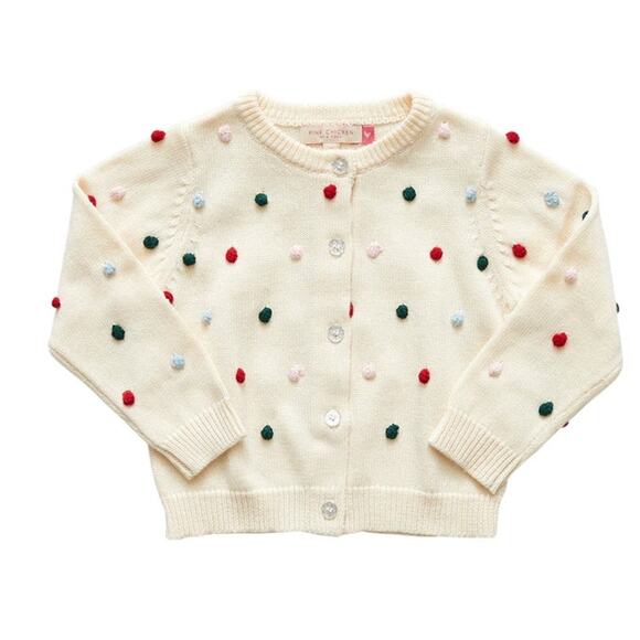 Pink Chicken Girls Pom-Pom Cream Knit Holiday Cardigan Sweater 5T - Picture 1 of 10